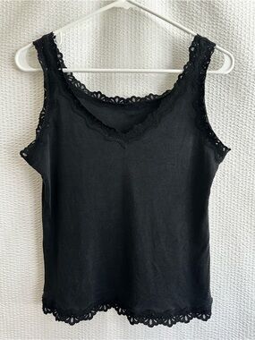 Norm Thompson Women’s Black Silk Cotton Lace Trim Tank Top Size: Medium